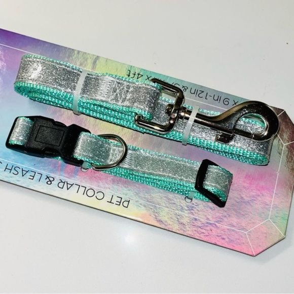 Coco Lane Couture Dog Collar & Leash Set Mint Green w/ Silver Glitter Size Small - Picture 2 of 12